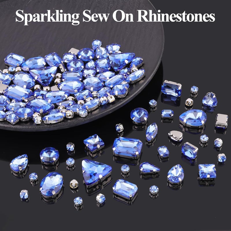 TINKRSTUFF 120 PCS Light Blue Bedazzling Sew on Rhinestones, Mixed Shape Charms Claw Flatback Glass Rhinestone with Metal Base for Crafting, Large Gems for Clothes Shoes Hats Collars Bags & Sewing Accessories - Image 4